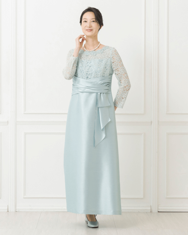 【ライトグリーン】ラッセルレース×シャンブレ―シャンタン　ウェストポイント　お袖付きロングドレス<6421811-62>