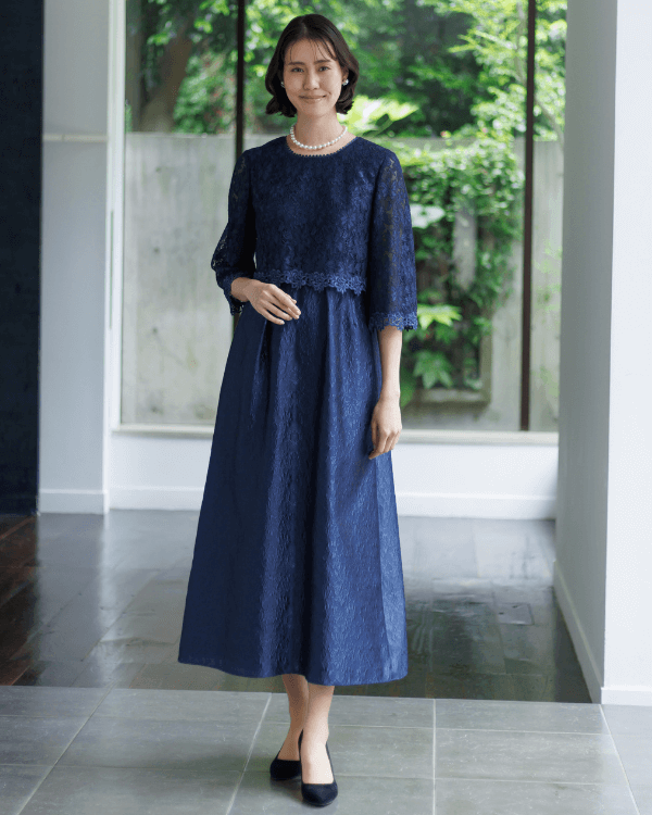 【ネイビー】レース×フクレジャカード　お袖付き　ロングドレス<4521220-73>