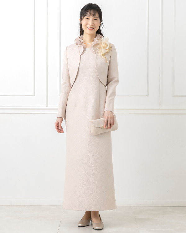 【ピンク】フクレラメジャカード　フリル襟ボレロ×ノースリーブワンピース<4523920-21>