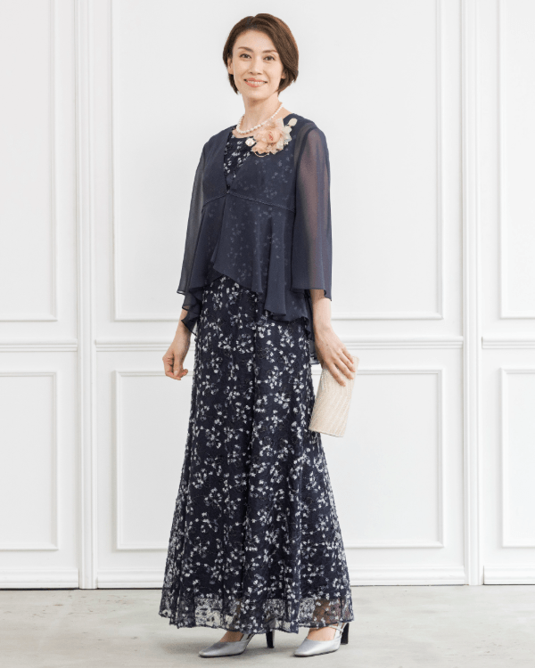 【ネイビー】シフォン×フラッグヤーンレース刺しゅう　カバーアップ付きロングドレス<4621591-73>