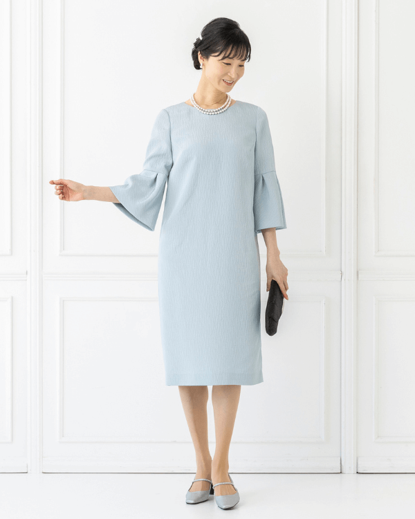 【ブルーグリーン】ソフト3Dジャカード　お袖付き　ミディ丈ドレス<6401125-62>