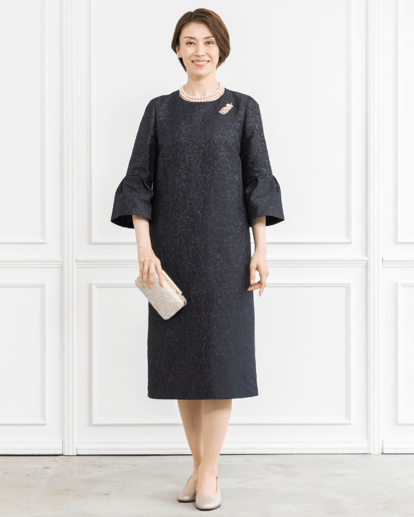 【ネイビー】フラワーソフトジャカード お袖付きドレス<6401401-74>