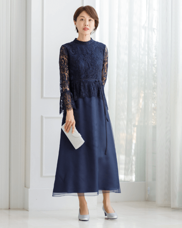 【ネイビー】ラッセルレース×マットオーガンジー セミロングドレス<6401404-73>