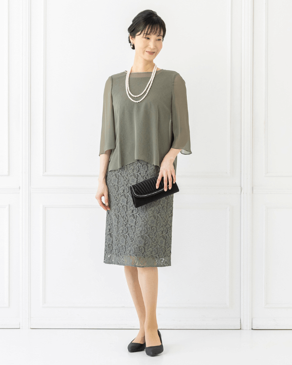 【カーキ】シフォンカバーアップ付き　レースワンピース<6401591-65>
