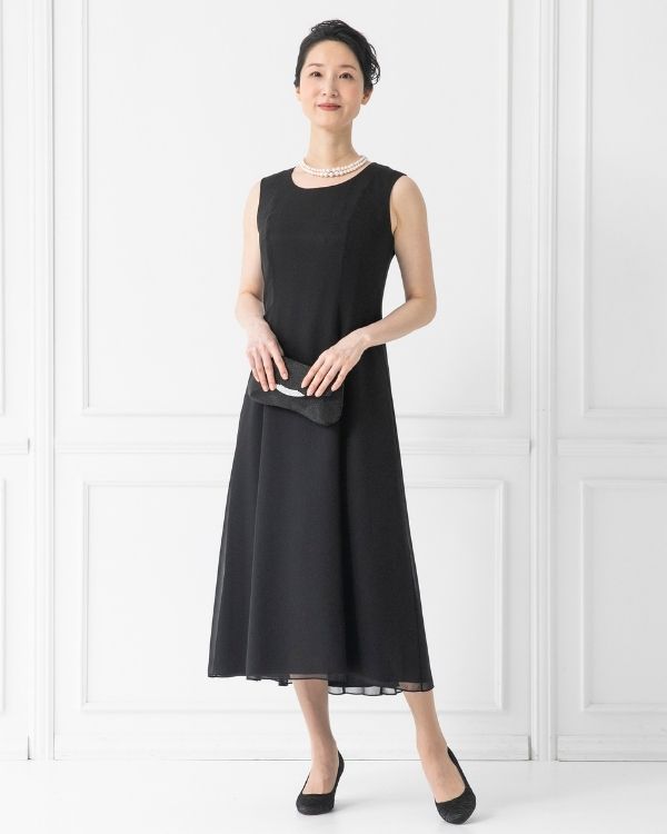 【ブラック】ベーシック　シフォンセミロングドレス<6401770-00>