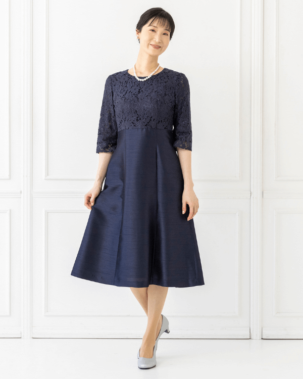 【ネイビー】シャンブレーシャンタン×フラワーラメコードレース　お袖付きドレス<6401806-74>