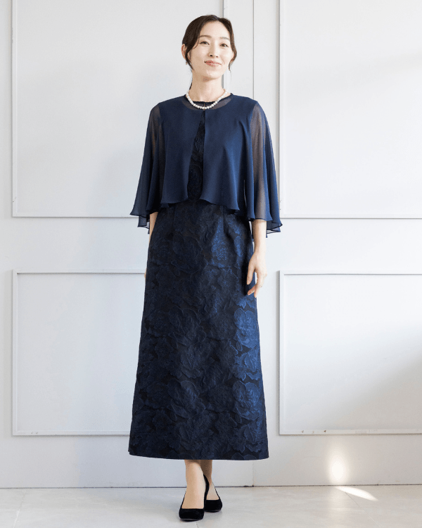 【ネイビー】シフォンボレロ付き　フラワージャカードロングドレス<6401956-73>
