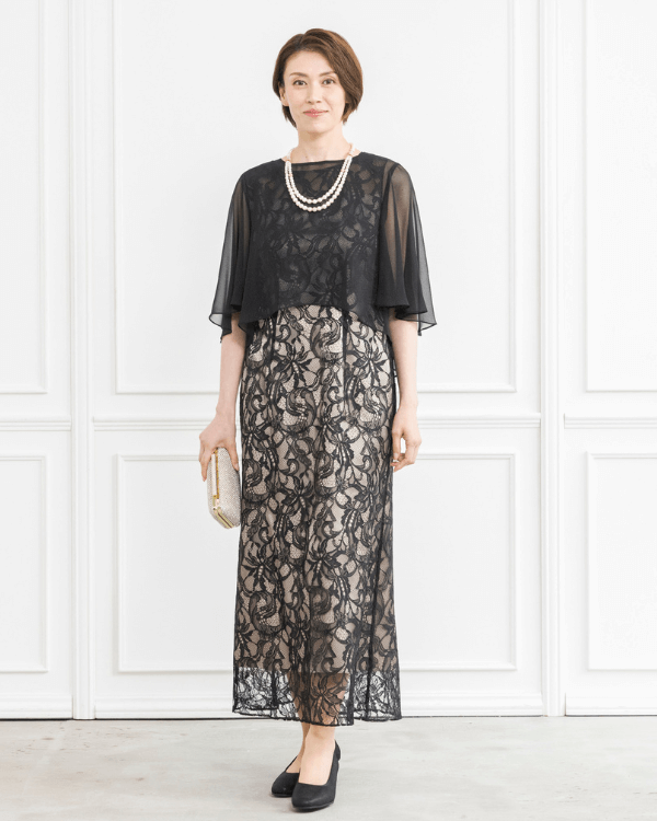 【ブラック】ラッセルレース　シフォンケープ付きロングドレス<6421202-00>