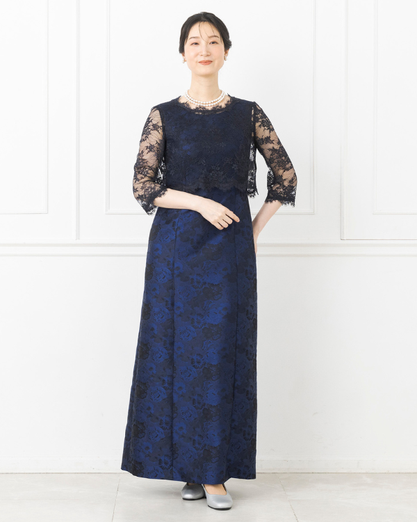 【ネイビー】フラワーサテンジャカード　レーストップス付き　ロングドレス<6421792-73>