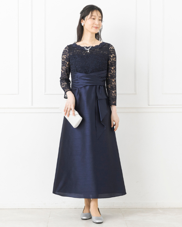 【ネイビー】ラッセルレース×シャンブレ―シャンタン　ウェストポイント　お袖付きロングドレス<6421811-74>