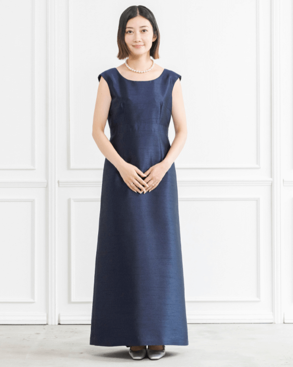 【ネイビー】シャンブレーシャンタン　ストレートライン　ロングドレス<6471650-74>