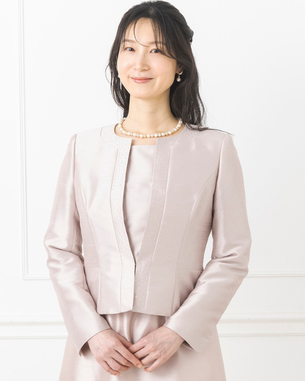 【ベージュ】シャンブレーシャンタン×ホットフィックス　胸当て付き　ノーカラージャケット<6410489-30>